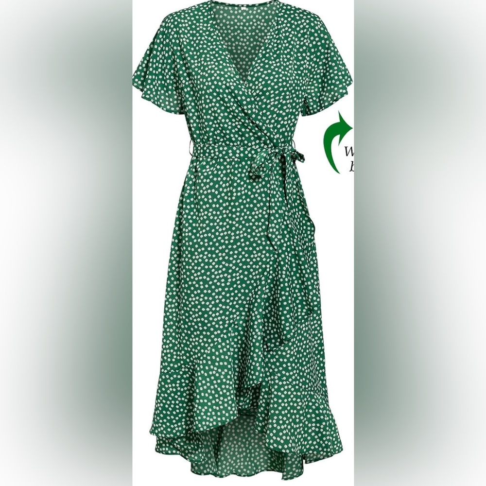 Green with white flower pattern wrap dress. Says it’s a Large but fits like XL